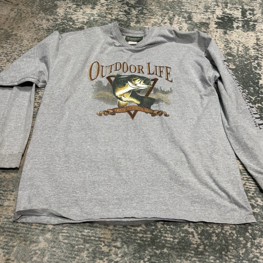 Vintage Y2K Outdoor Life Graphic Tee Large Mouth Bass Shirt 2XL Long Sleeve Gray